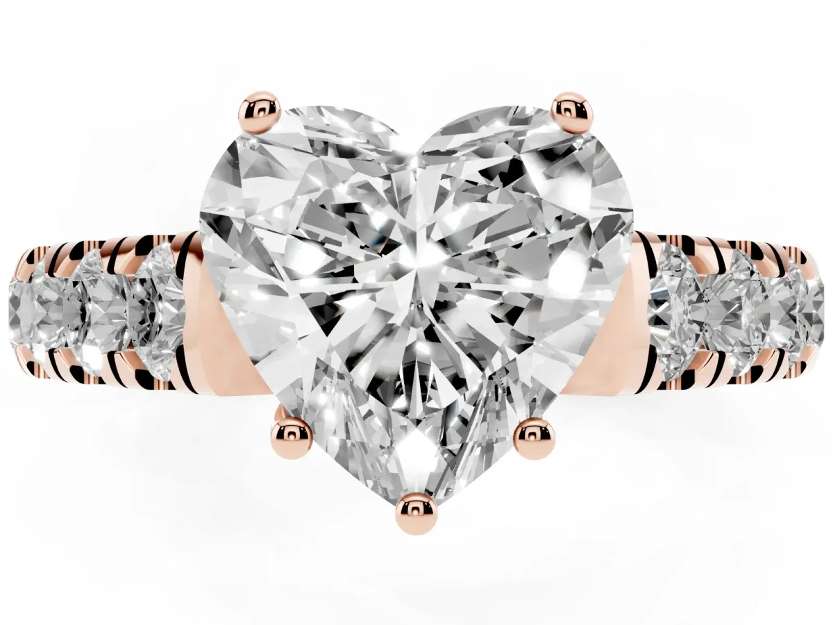 Heart Cut Cut Diamond Solitaire Ring with Micro Pave Band and Prong Setting Rose gold