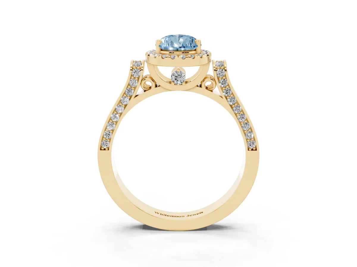 Fancy Blue Pear Cut Halo Pave Split Shank Prong Setting Ring Yellow gold