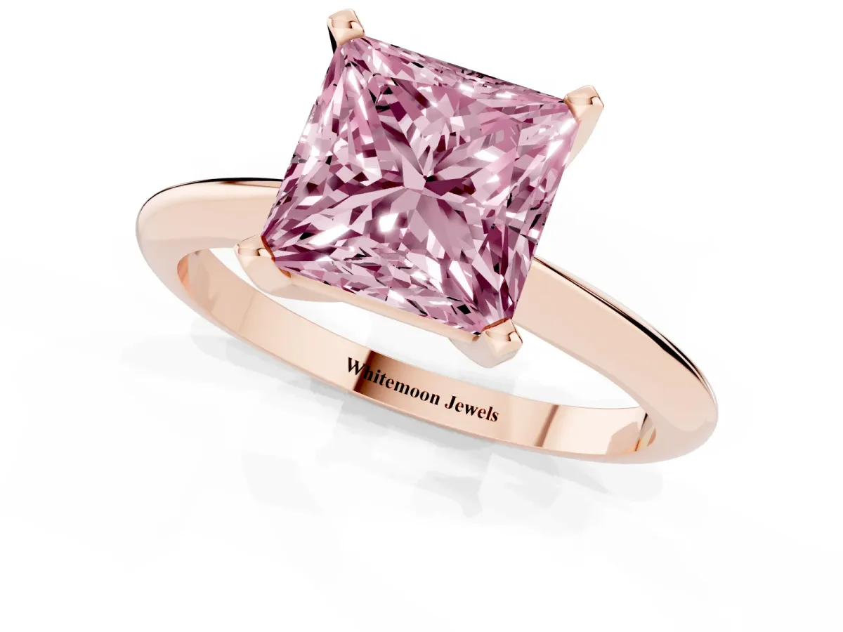 Fancy Pink Princess Cut Cut Solitaire Ring with Four-Prong Setting on a Classic Band Rose gold