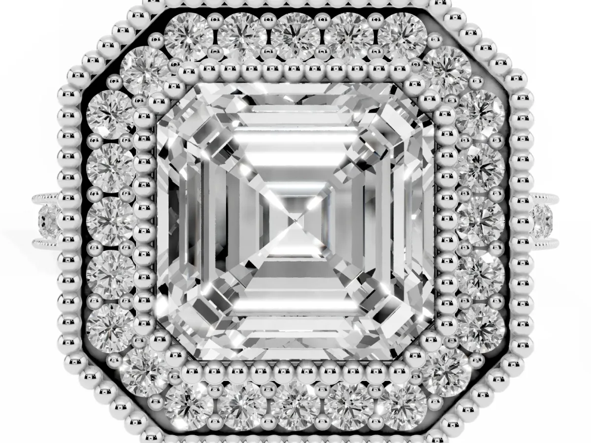 Asscher Cut Diamond Halo Ring with Milgrain Frame and Pavé Band Silver