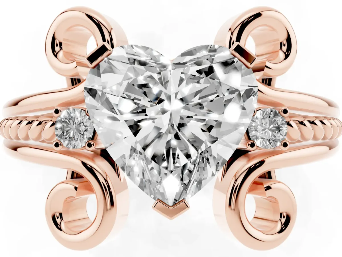 Heart Cut Solitaire Twisted Band Scroll Prong Ring Rose gold