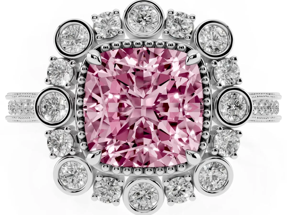 Fancy Pink Cushion Cut Halo Milgrain Pave Diamond Ring with Four-Prong Setting Silver