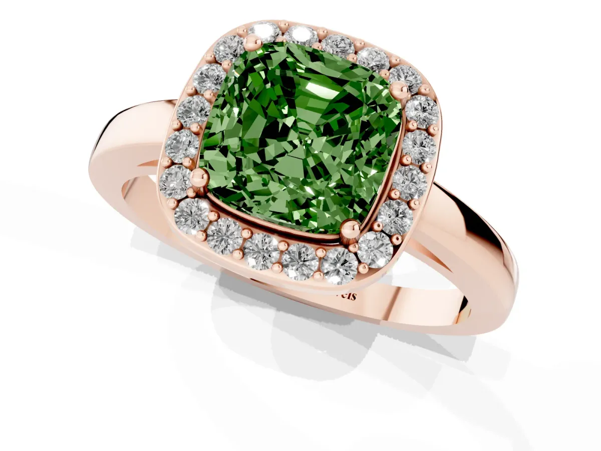 Fancy Green Cushion Cut Halo Diamond Ring with Solitaire Band and Prong Setting Rose gold