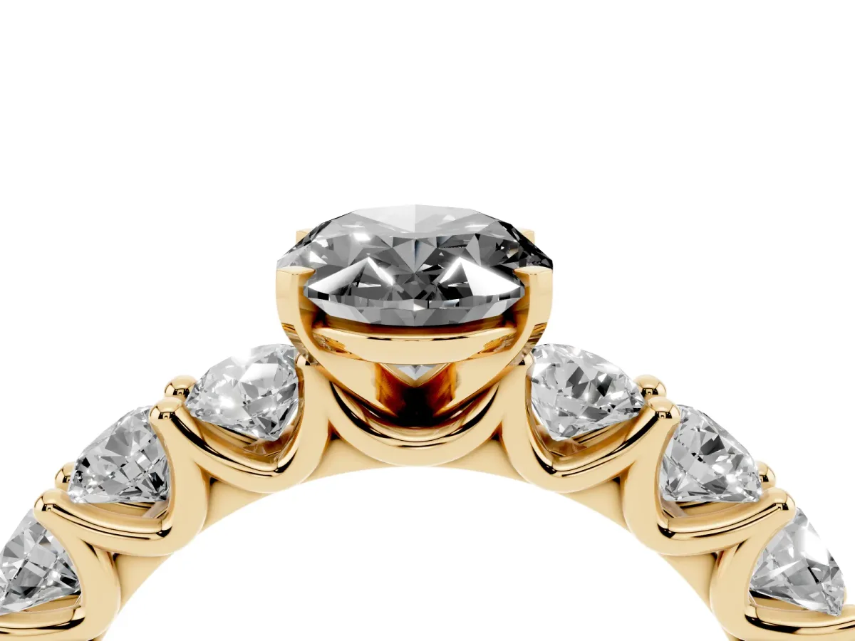 Fancy Black Oval Cut Diamond Prong Setting with Side Stones on a Pave Band Yellow gold