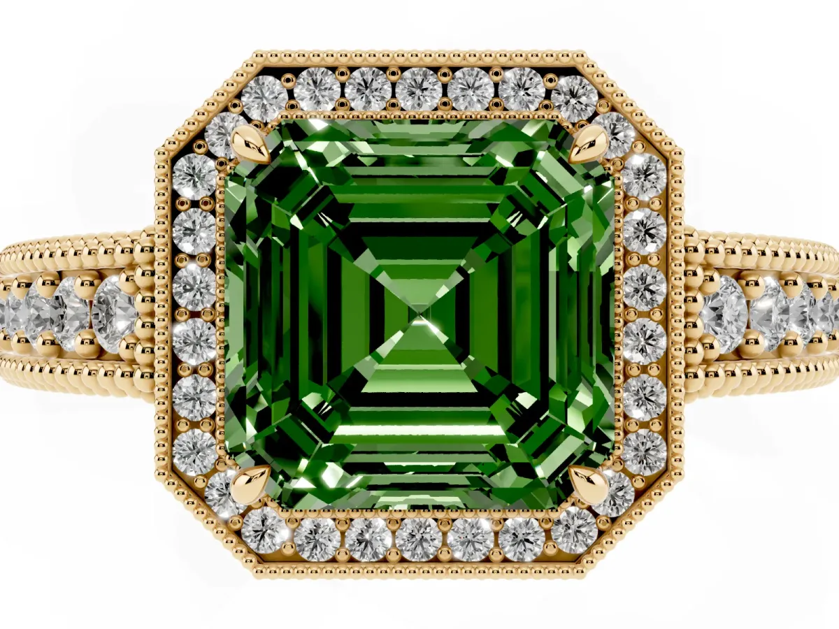 Fancy Green Asscher Cut Cut Halo Diamond Ring with Pavé Band and Four-Prong Setting Yellow gold