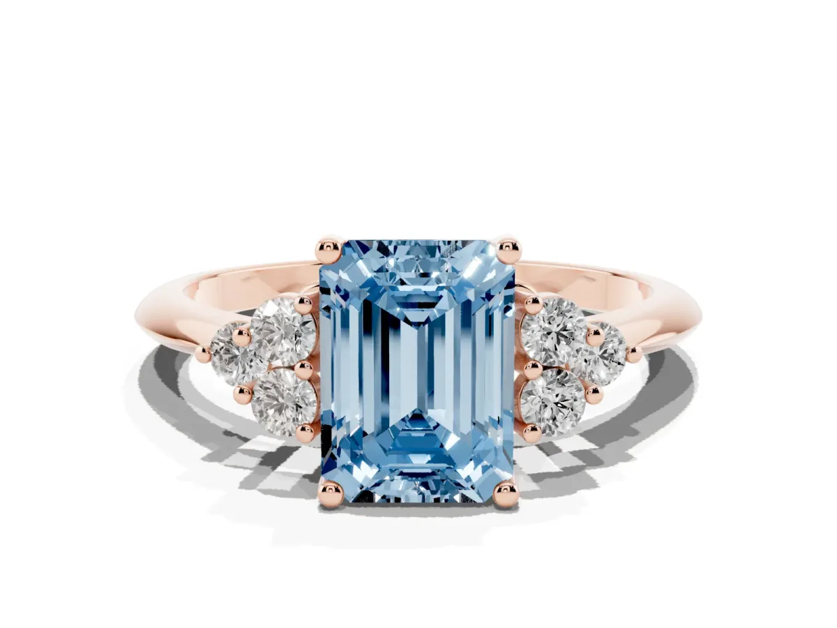 Fancy Blue Emerald Cut Cut Diamond Cluster Ring with Solitaire Band and Four-Prong Setting Rose gold