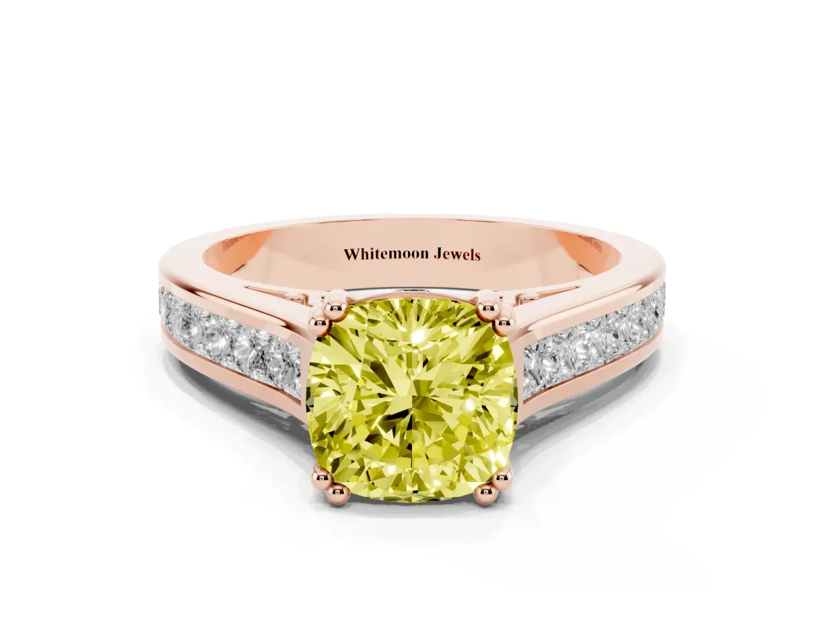 Fancy Yellow Cushion Cut Cut Channel Set Solitaire Engagement Ring with Prong Setting Rose gold