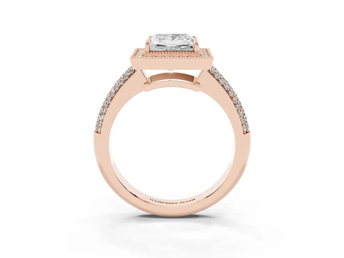 Princess Cut Cut Halo Diamond Pave Band with Four-Prong Setting Rose gold