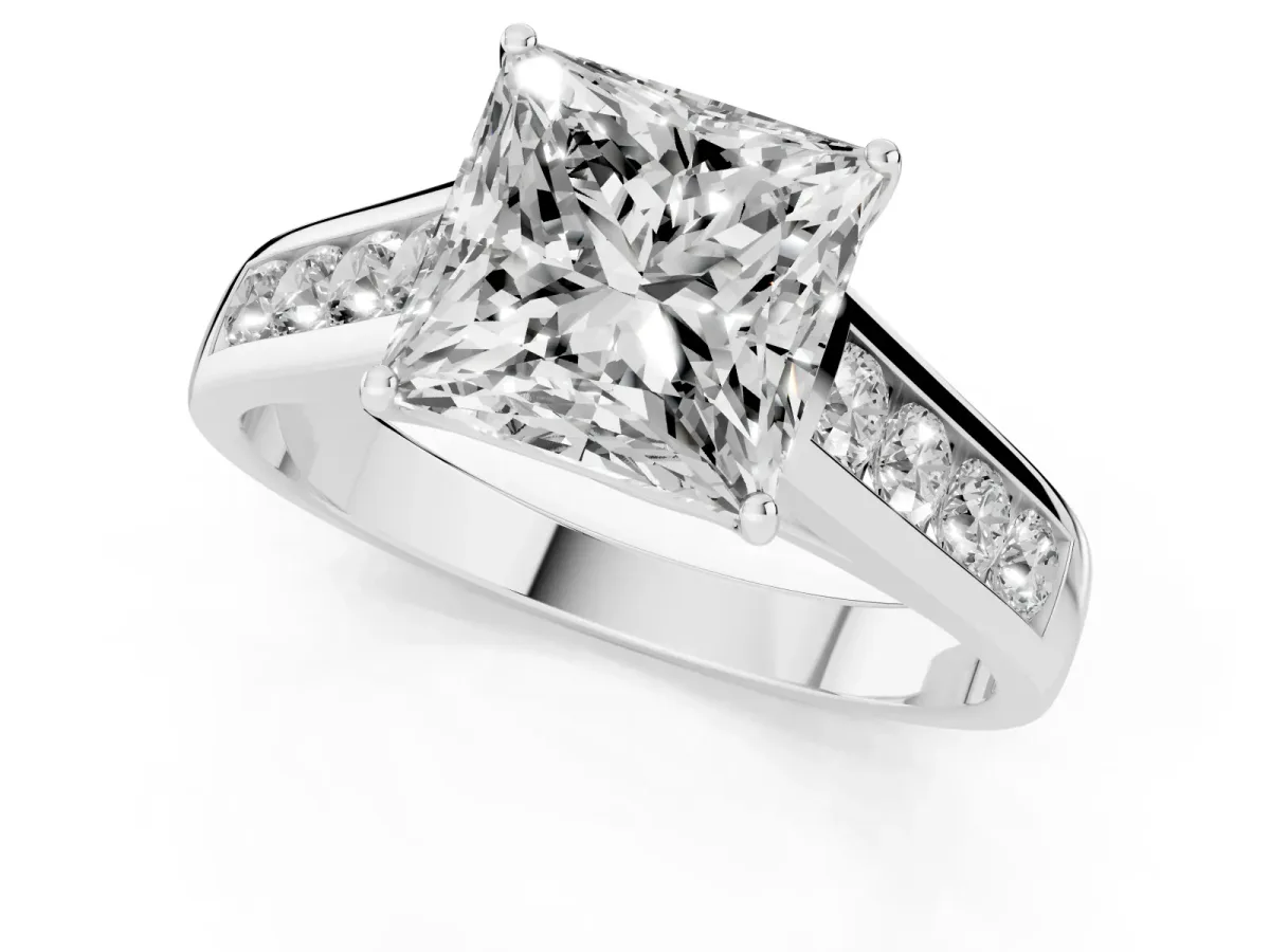Princess Cut Solitaire Channel-Set Diamond Engagement Ring with Four-Prong Setting Platinum