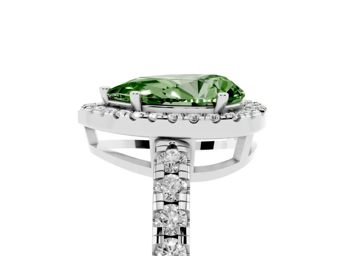Fancy Green Pear Cut Diamond Halo Ring with Pavé Band and Four-Prong Setting Silver