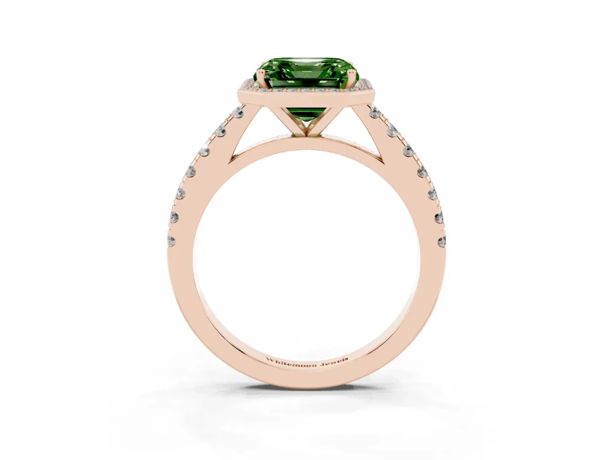 Fancy Green Asscher Cut Cut Halo Diamond Engagement Ring with Pave Band and Four-Prong Setting Rose gold
