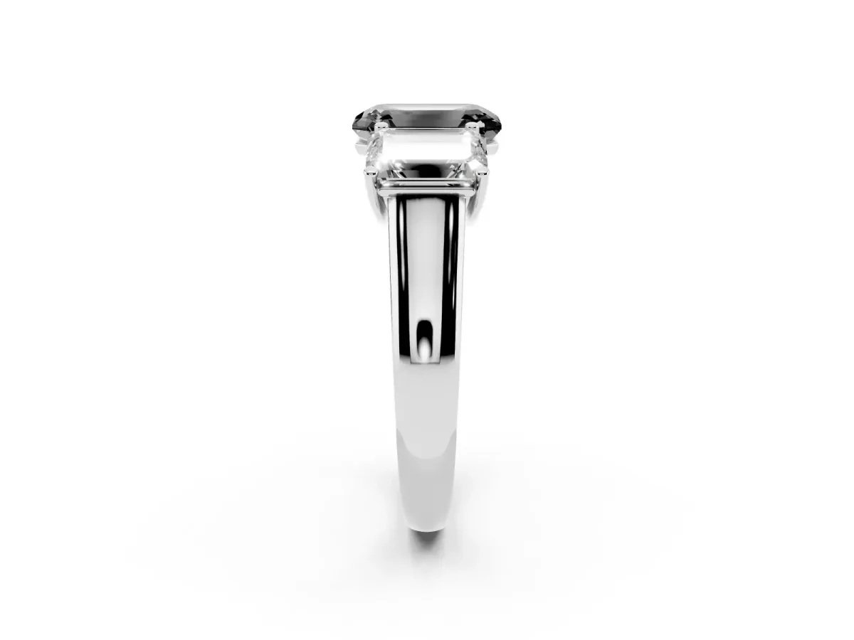 Fancy Black Emerald Cut Three-Stone Diamond Ring with Prong Setting on a Classic Band White gold