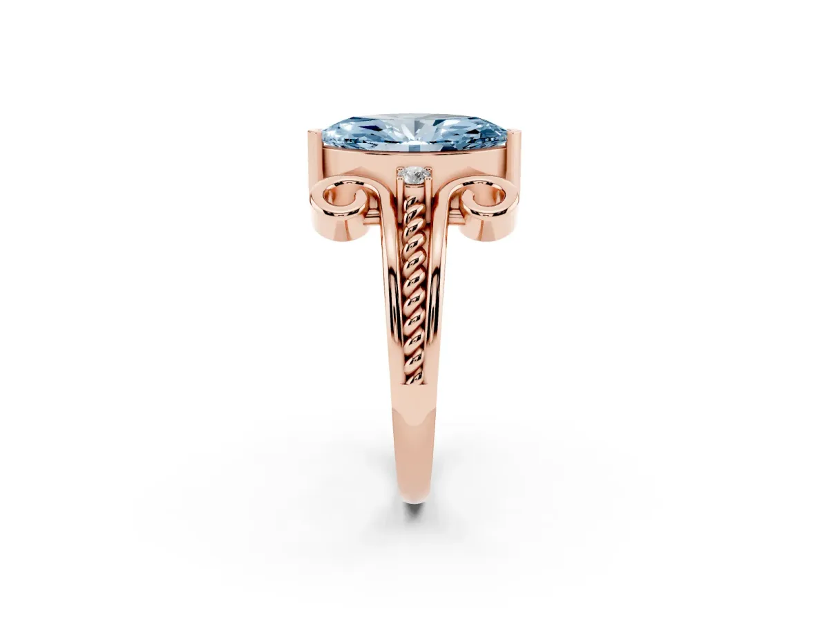 Fancy Blue Marquise Cut Solitaire Twisted Band Scroll Prong Ring Rose gold