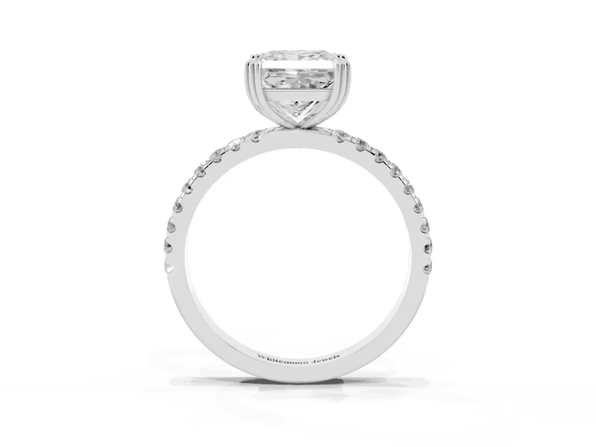 Princess Cut Brilliant Solitaire with Pavé Band and Claw Prong Setting Silver