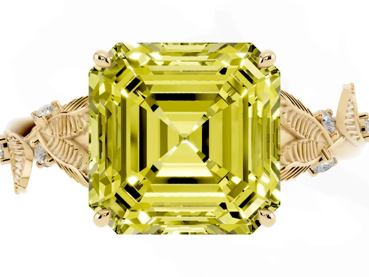 Fancy Yellow Asscher Cut Diamond Solitaire Ring with Leaf Motif Band and Four-Prong Setting Yellow gold