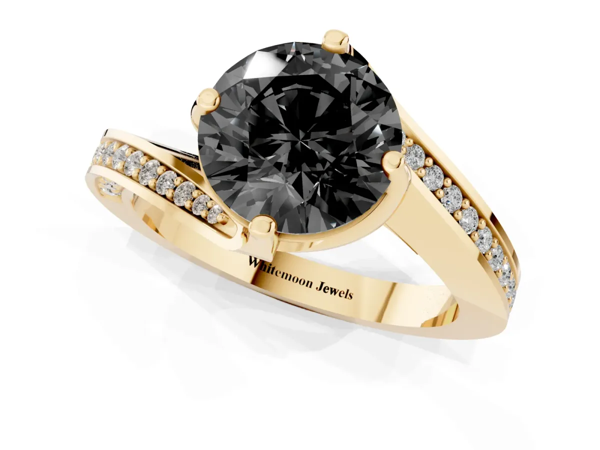 Fancy Black Round Cut Solitaire Diamond Twist Band with Pavé Setting and Four-Prong Setting Yellow gold