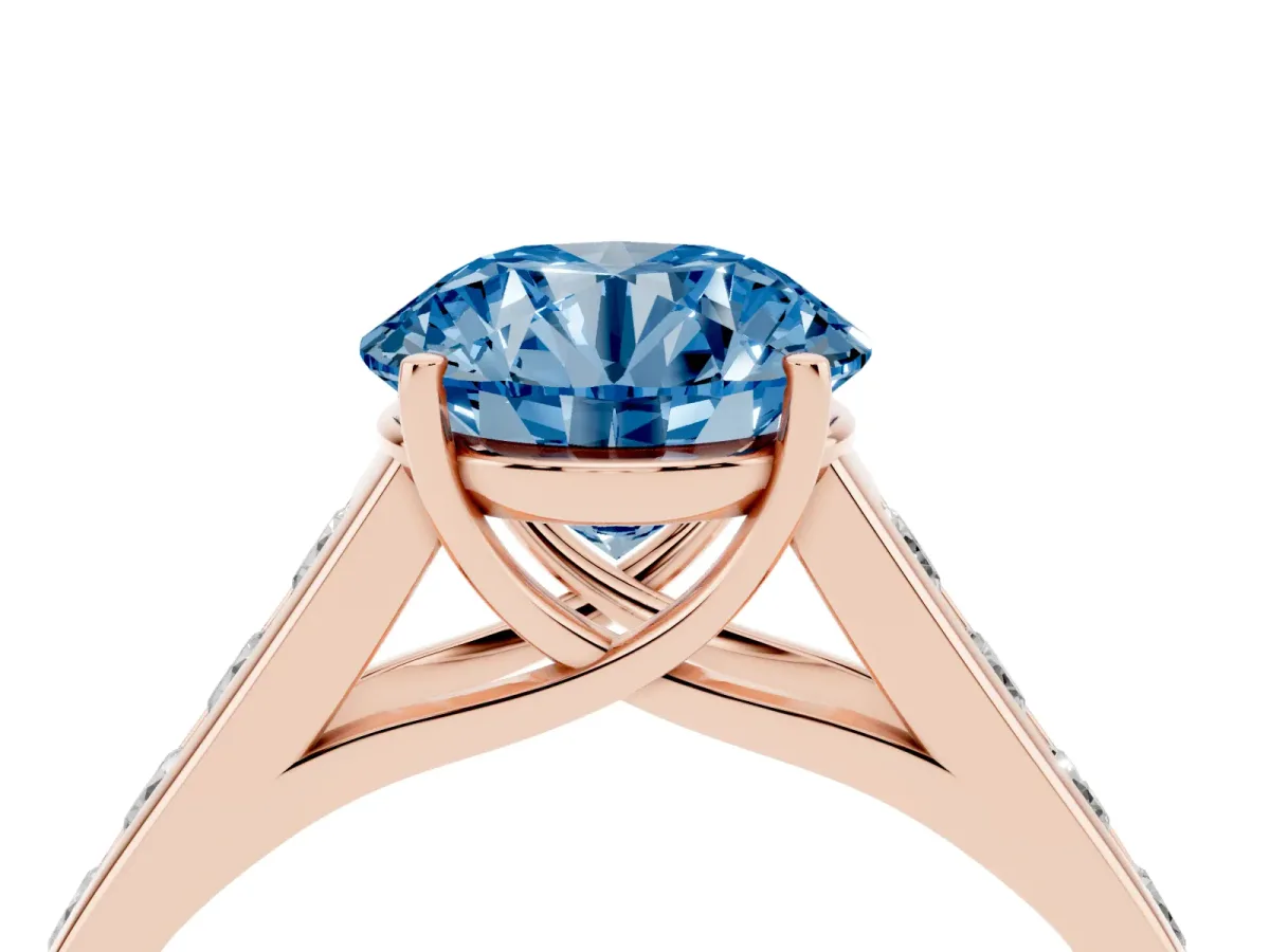 Fancy Blue Round Cut Brilliant Channel-Set Solitaire Ring with Four-Prong Setting Rose gold
