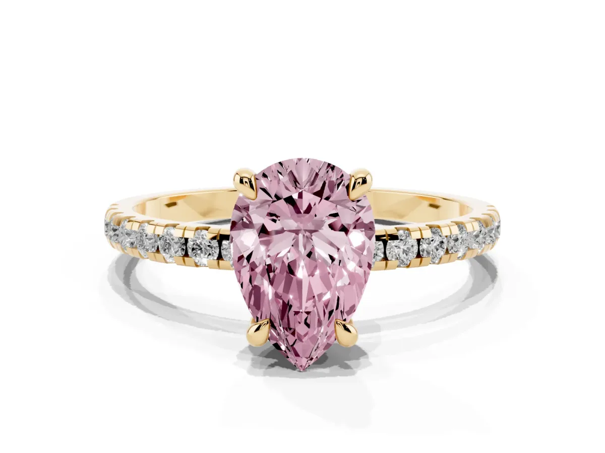 Fancy Pink Pear Cut Diamond Brilliant Solitaire Ring with Pavé Band and Four-Prong Setting Yellow gold