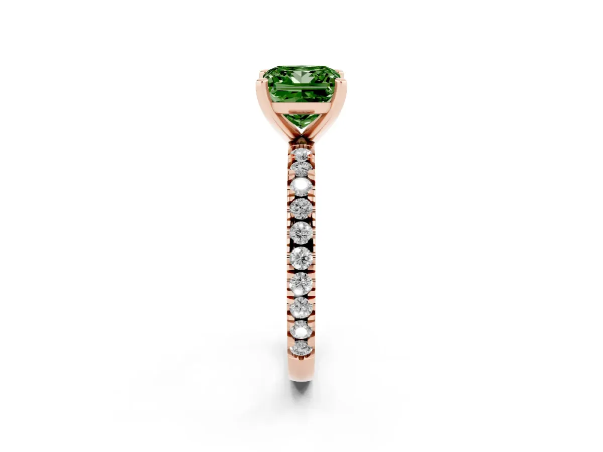 Fancy Green Princess Cut Diamond Pavé Band Solitaire with Four-Prong Setting Rose gold