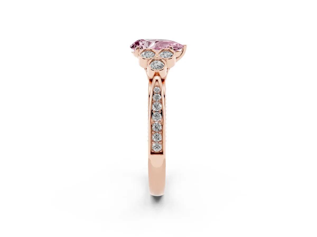 Fancy Pink Pear Cut Cut Diamond Engagement Ring with Bezel Set Round Side Stones and Prong Setting Rose gold