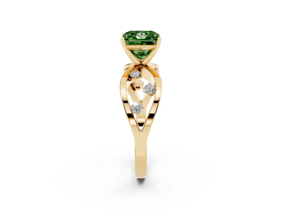 Fancy Green Princess Cut Cut Solitaire Diamond with Side Stones on Criss-Cross Band and Four-Prong Setting Yellow gold