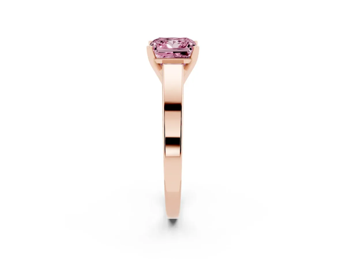 Fancy Pink Princess Cut Solitaire Engagement Ring with Four-Prong Setting and Tapered Band Rose gold