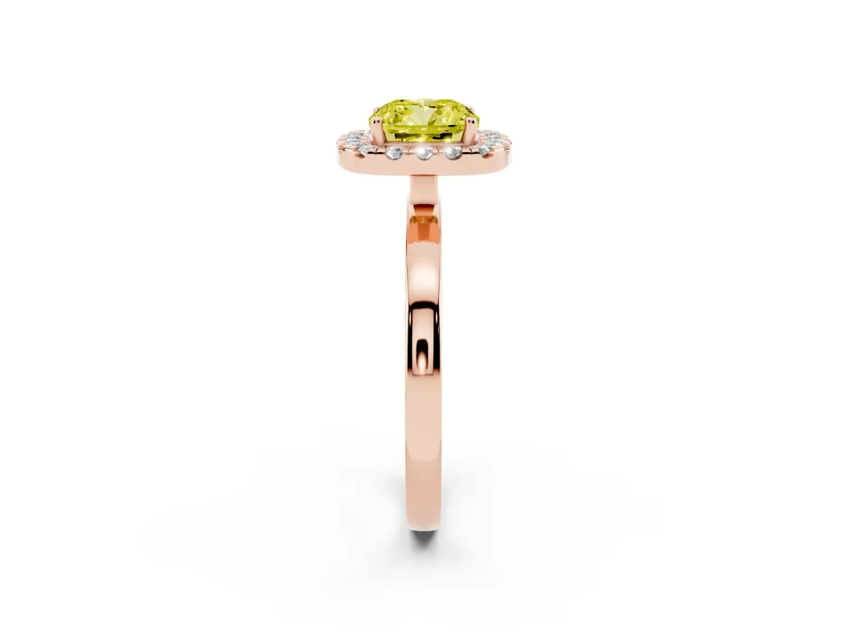 Fancy Yellow Cushion Cut Halo Diamond Solitaire with Pavé Band and Four-Prong Setting Rose gold