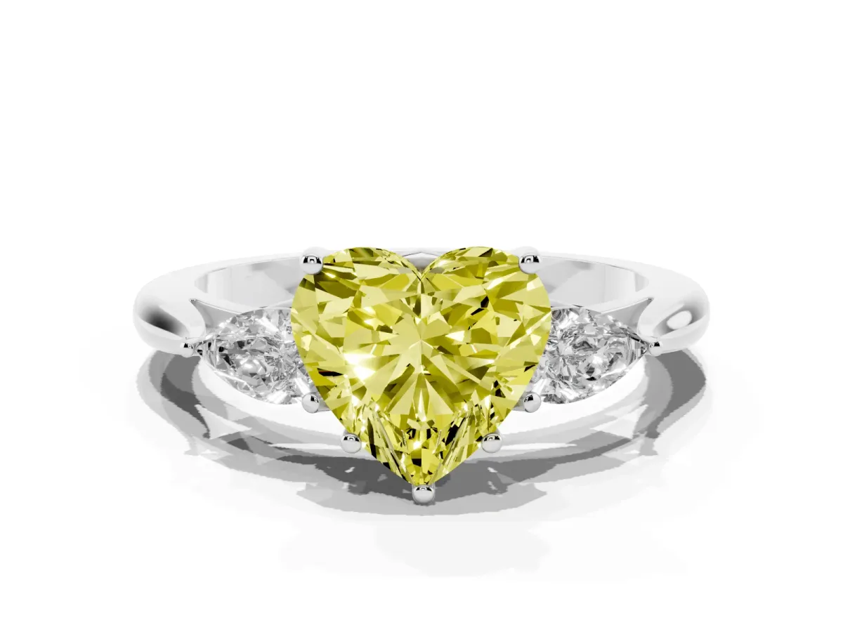 Fancy Yellow Three-Stone Heart Cut Diamond Ring with Pear Side Stones in Four-Prong Setting Silver