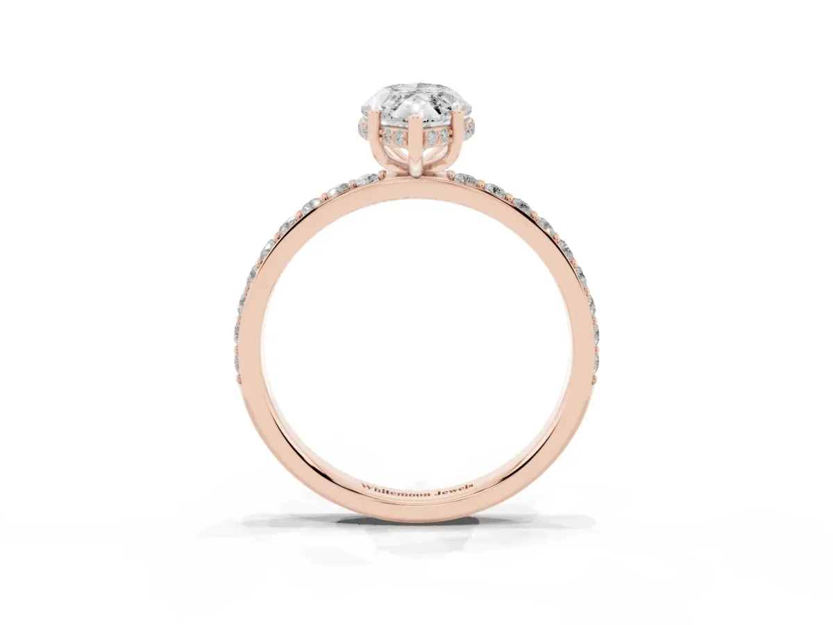 Marquise Cut Diamond Solitaire Ring with Pavé Band and Hidden Halo Rose gold