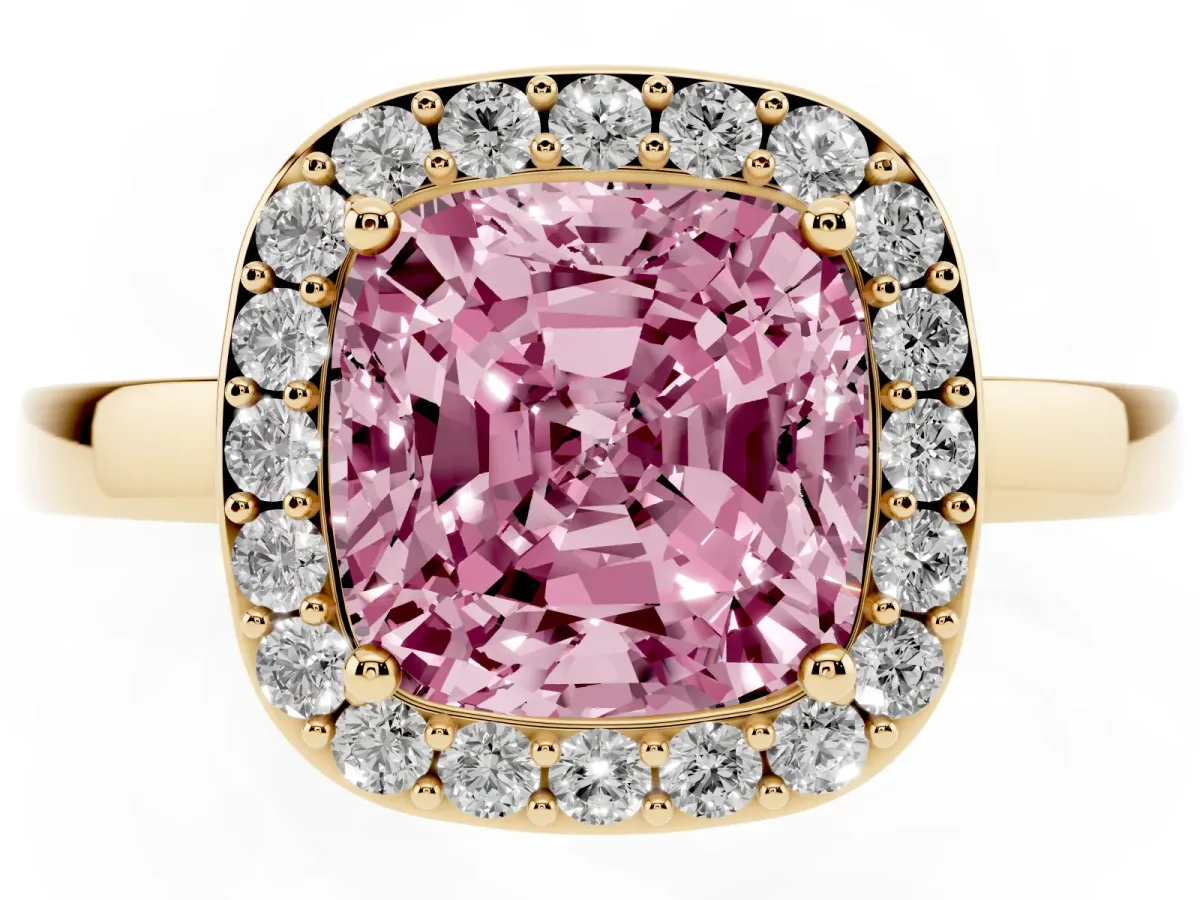Fancy Pink Cushion Cut Halo Diamond Ring with Solitaire Band and Prong Setting Yellow gold