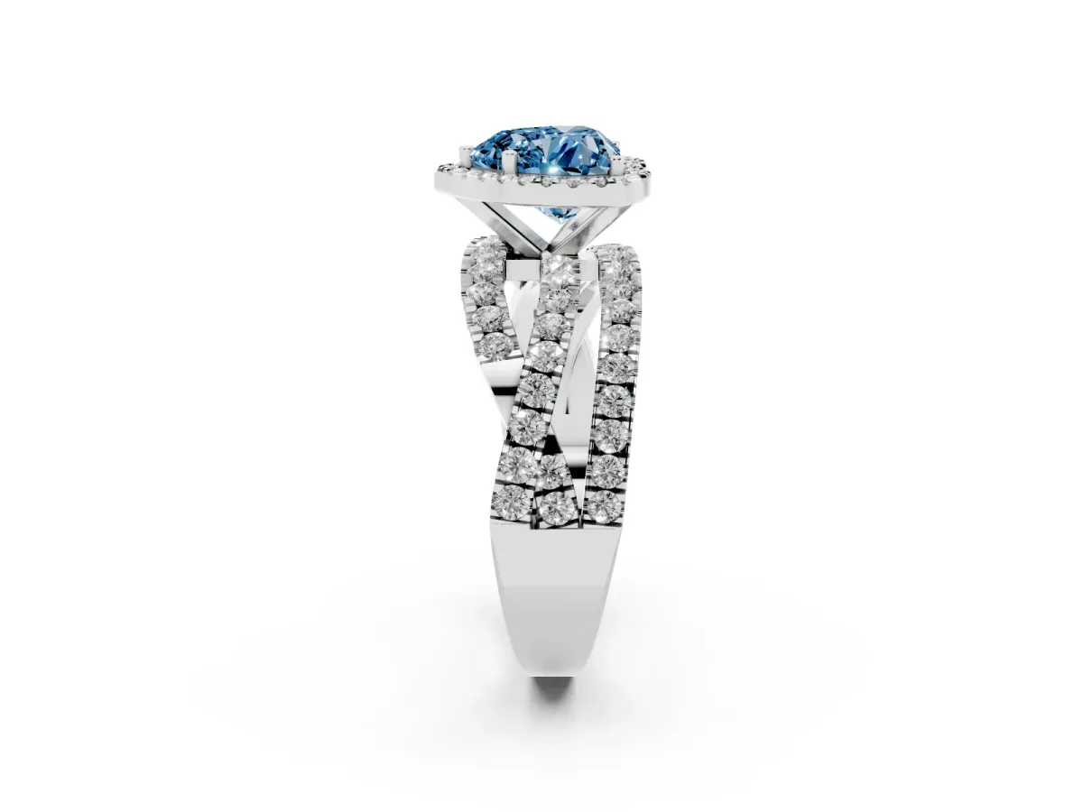 Fancy Blue Heart Cut Diamond Halo Ring with Round Split Shank and Prong Setting Silver