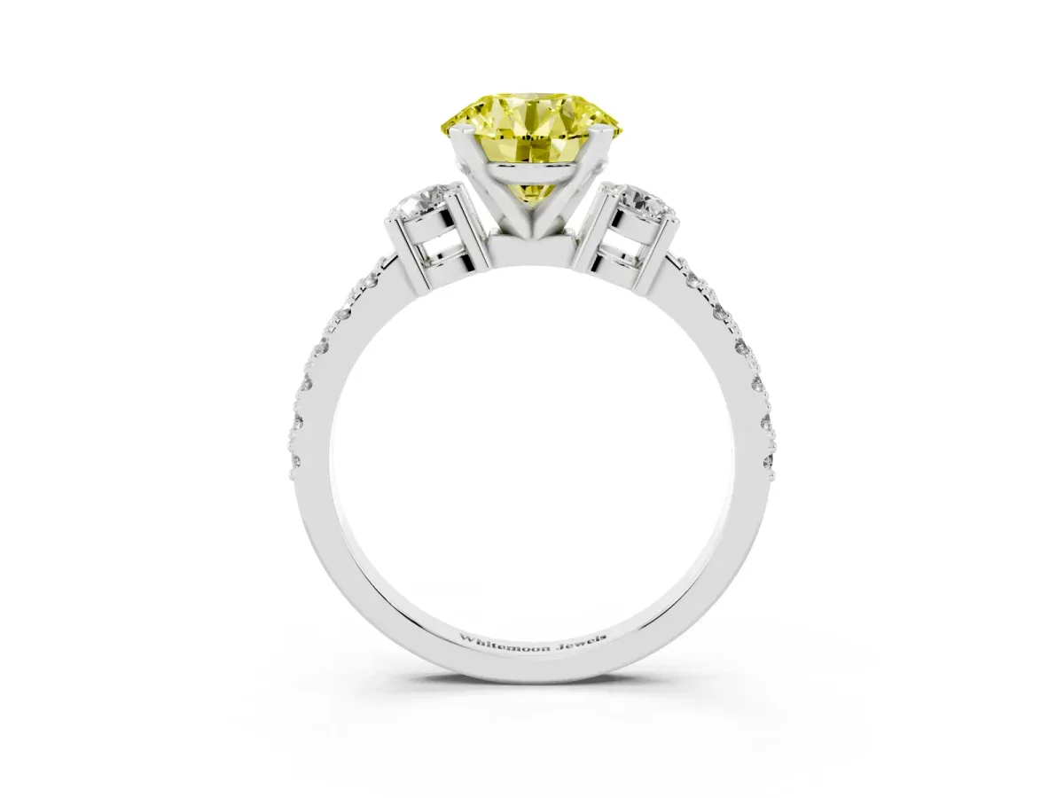 Fancy Yellow Round Cut Three-Stone Diamond Pavé Band with Prong Setting Silver