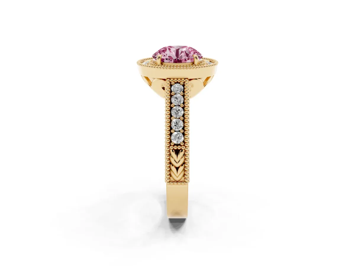 Fancy Pink Round Cut Cut Halo Diamond Ring with Pavé Band and Four-Prong Setting Yellow gold