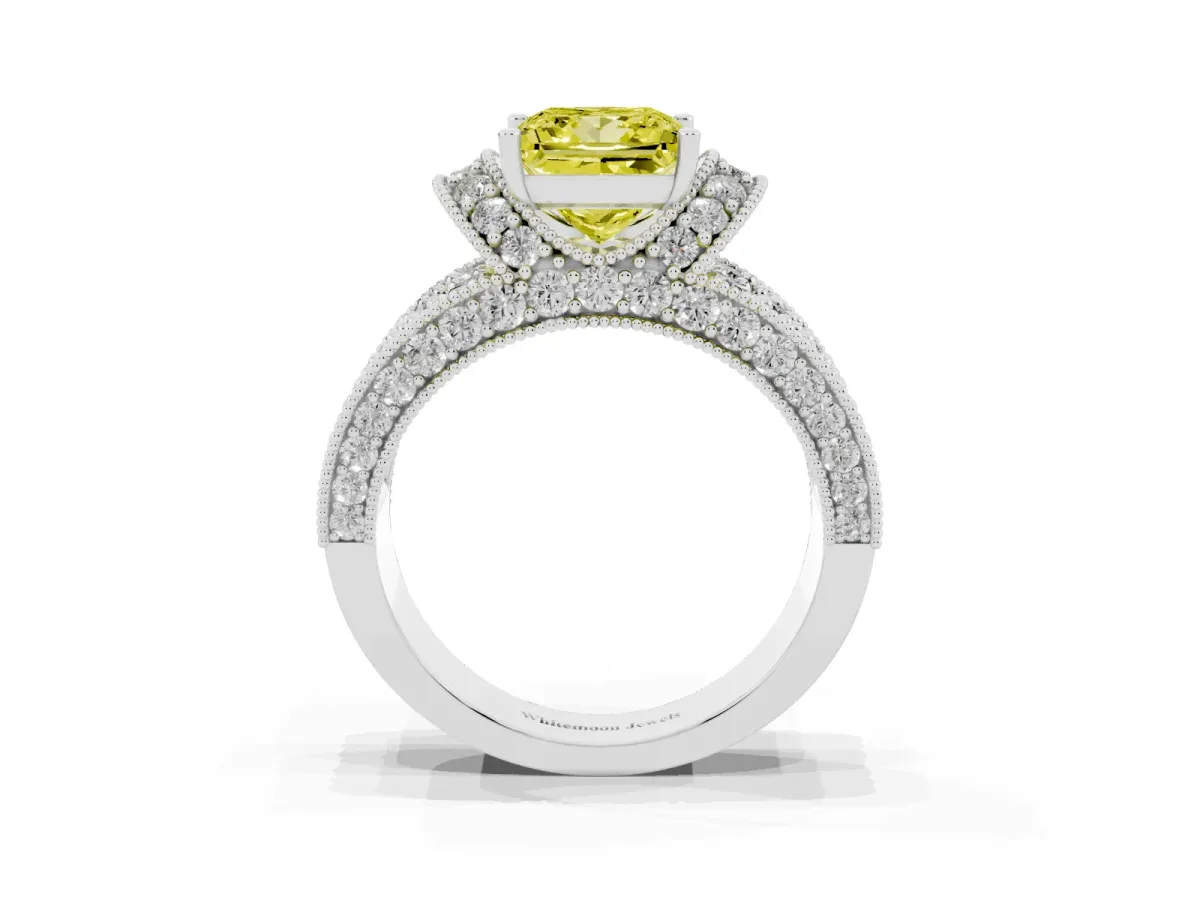 Fancy Yellow Princess Cut Halo Pave Diamond Engagement Ring with Milgrain Detailing White gold