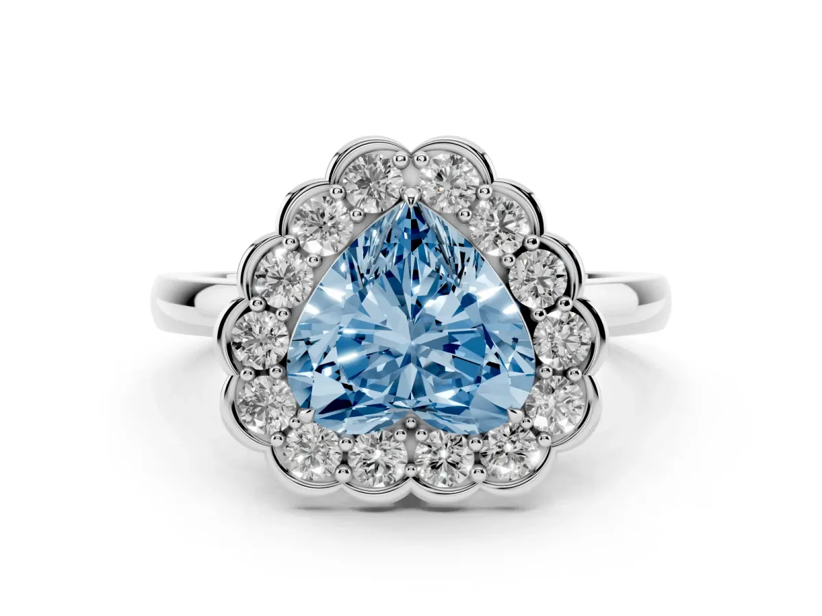 Fancy Blue Heart Cut Halo Cluster Diamond Engagement Ring with Solitaire Band and Prong Setting Platinum
