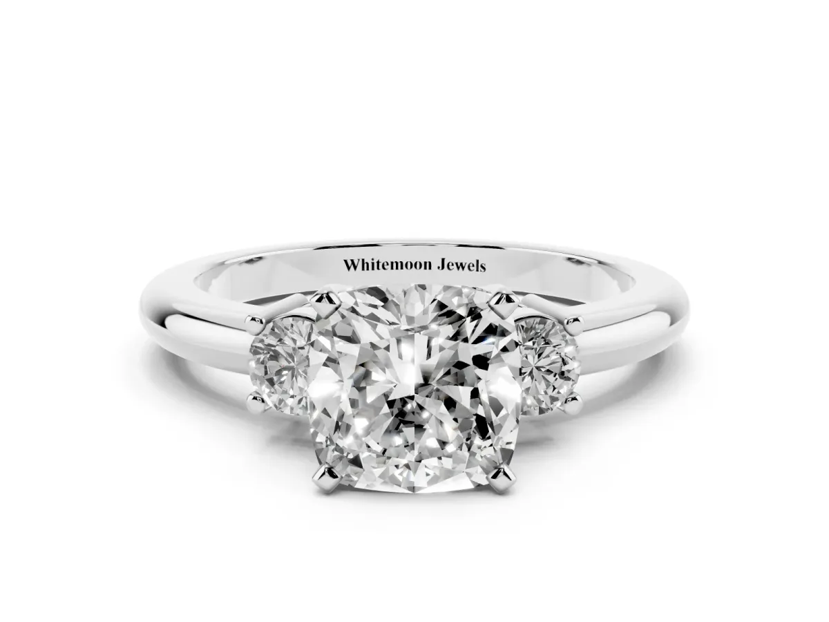 Three-Stone Cushion Cut Cut Diamond Solitaire with Prong Setting and Classic Band White gold