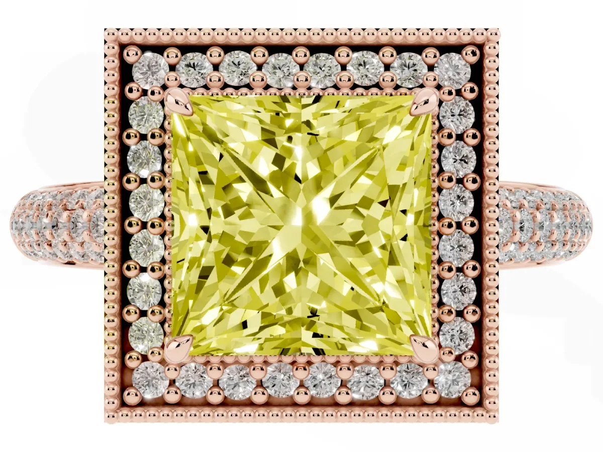 Fancy Yellow Princess Cut Cut Halo Diamond Pave Band with Four-Prong Setting Rose gold