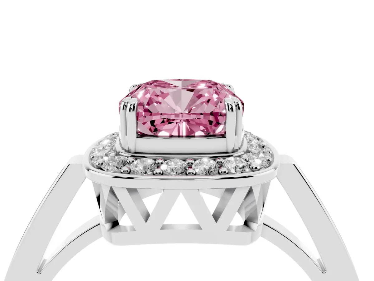 Fancy Pink Cushion Cut Diamond Halo Ring with Split Shank and Four-Prong Setting Silver