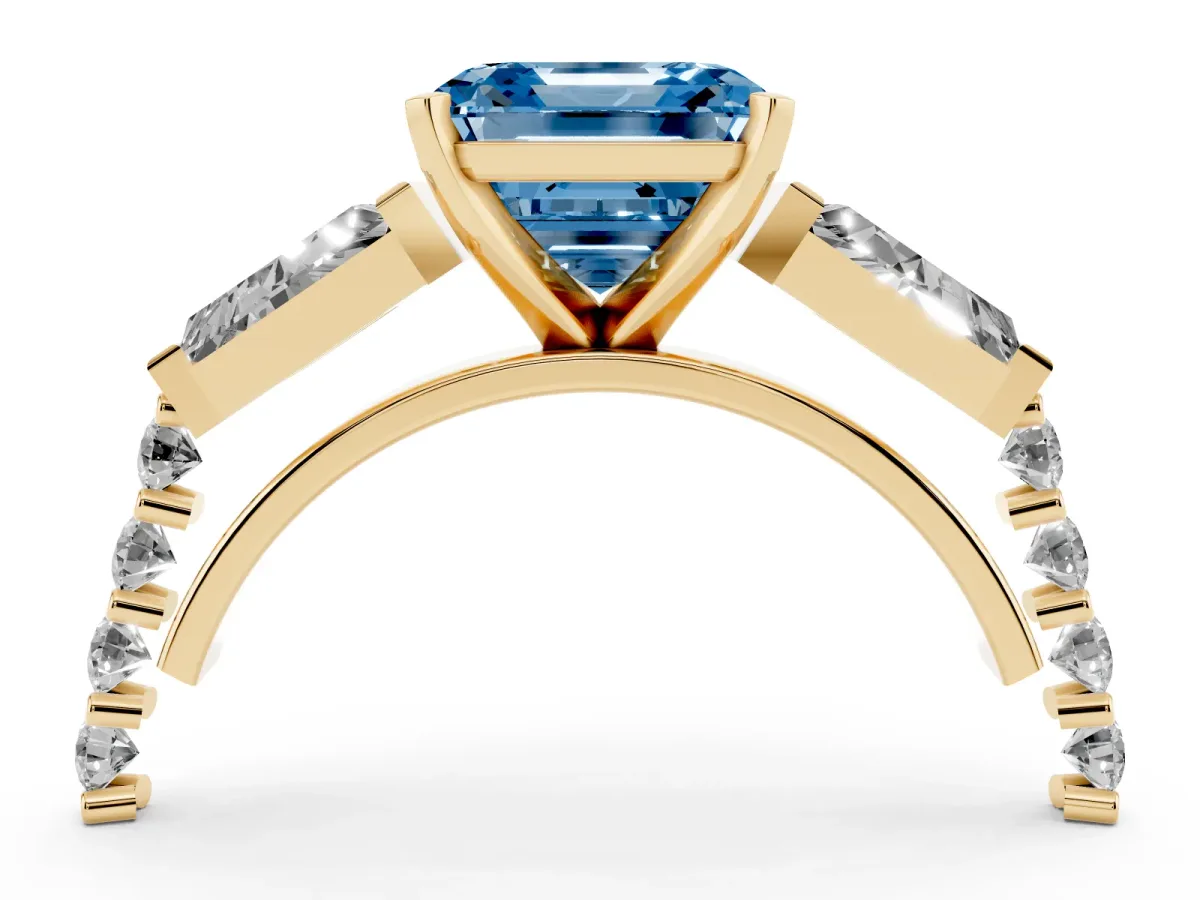 Fancy Blue Asscher Cut Diamond Engagement Ring with Baguette Side Stones and Channel Set Band Yellow gold