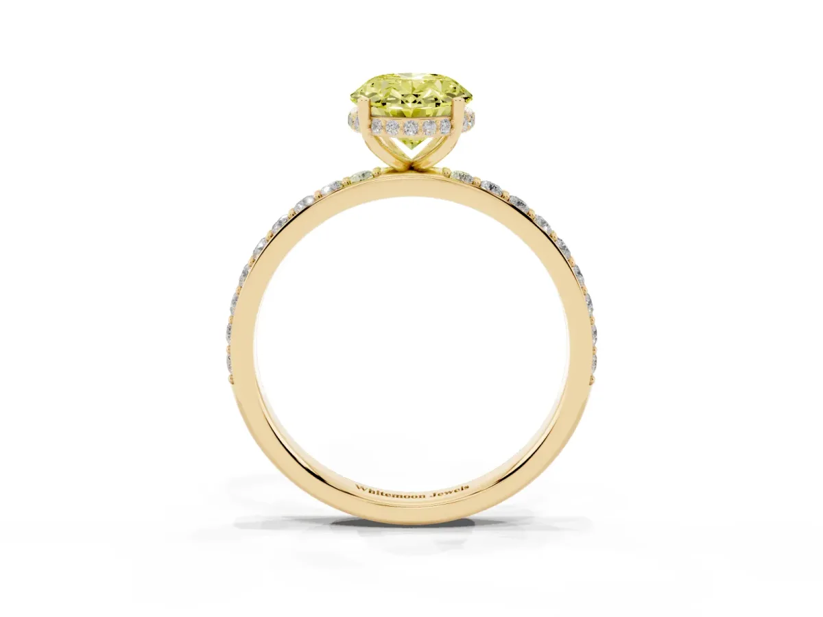 Fancy Yellow Oval Cut Diamond Solitaire Ring with Pavé Band and Hidden Halo Yellow gold