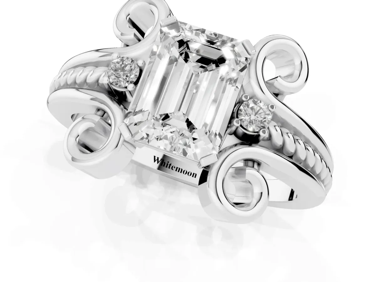 Emerald Cut Solitaire Twisted Band Scroll Prong Ring Silver