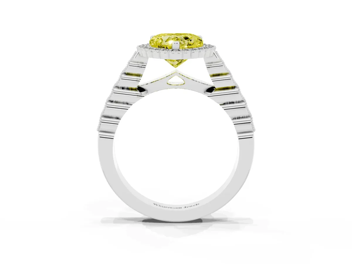 Fancy Yellow Heart Cut Cut Halo Pavé Solitaire Ring with Milgrain Band Silver