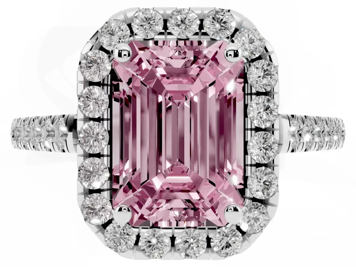 Fancy Pink Emerald Cut Halo Pavé Diamond Engagement Ring with Four-Prong Setting Silver