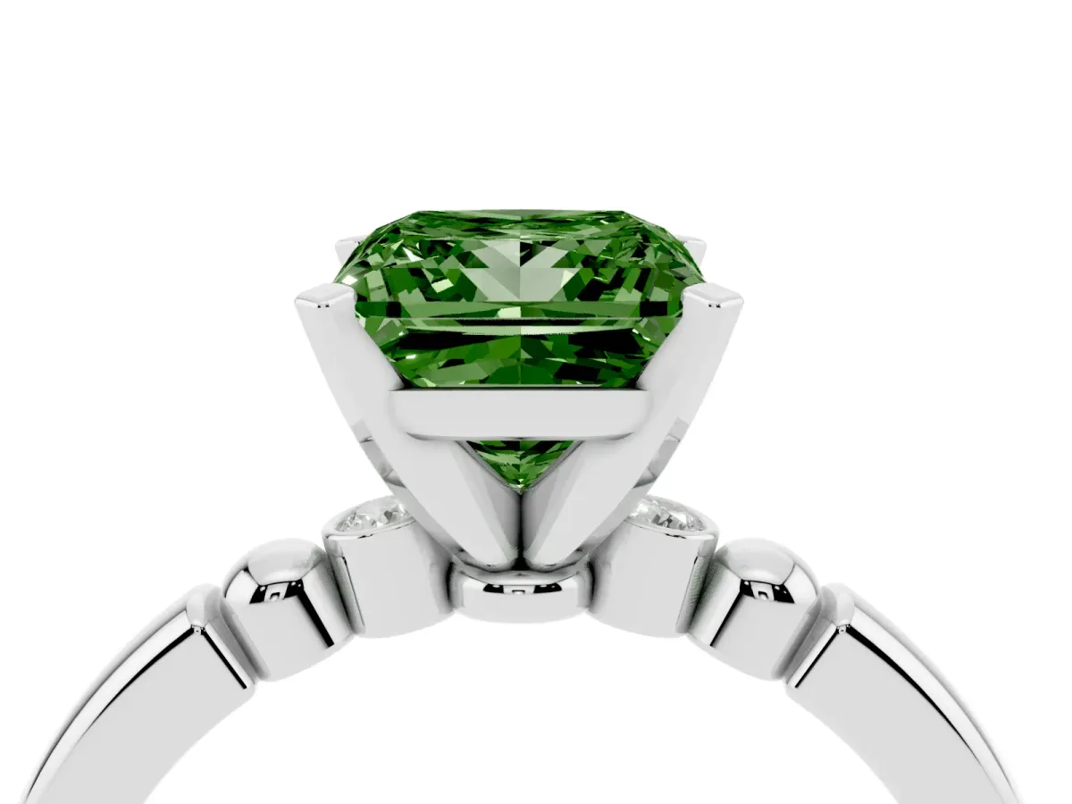 Fancy Green Princess Cut Solitaire Beaded Band with Four-Prong Setting Silver