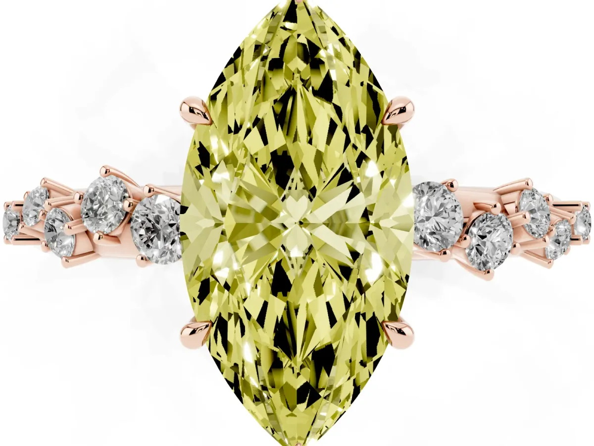 Fancy Yellow Marquise Cut Diamond Cluster Side Stone Solitaire Ring with Prong Setting Rose gold