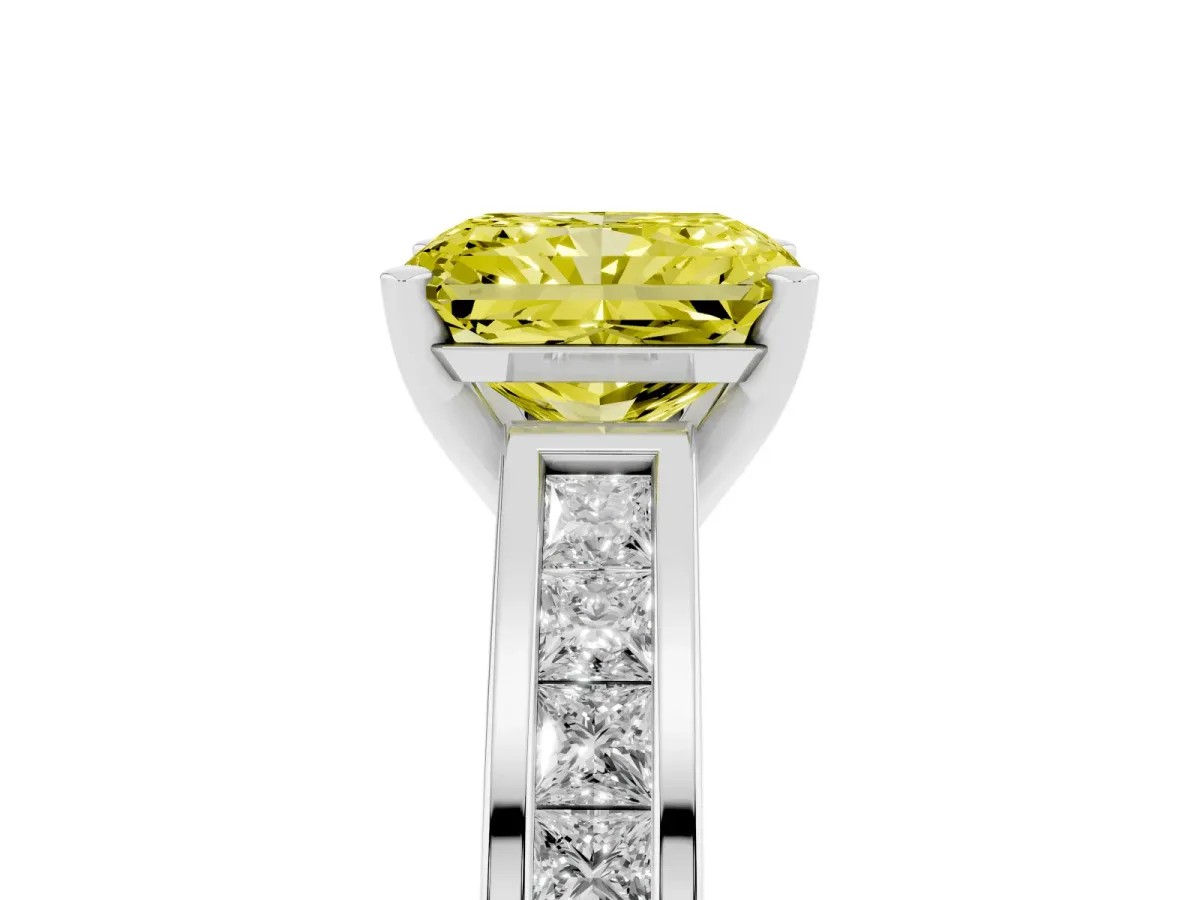 Fancy Yellow Radiant Cut Solitaire Diamond Ring with Channel-Set Band and Four-Prong Setting Silver