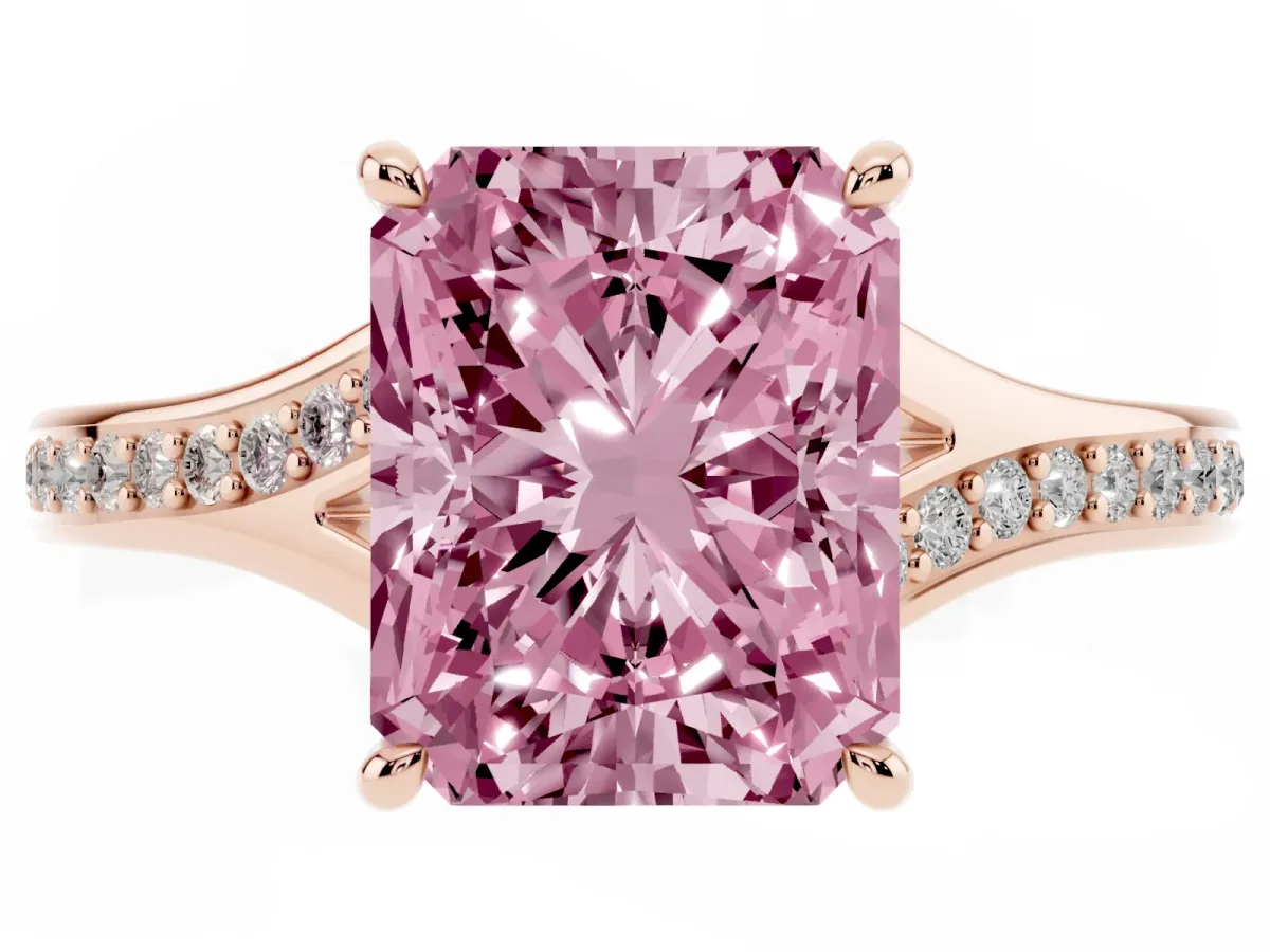Fancy Pink Radiant Cut Diamond Solitaire Ring with Pavé Band and Prong Setting Rose gold