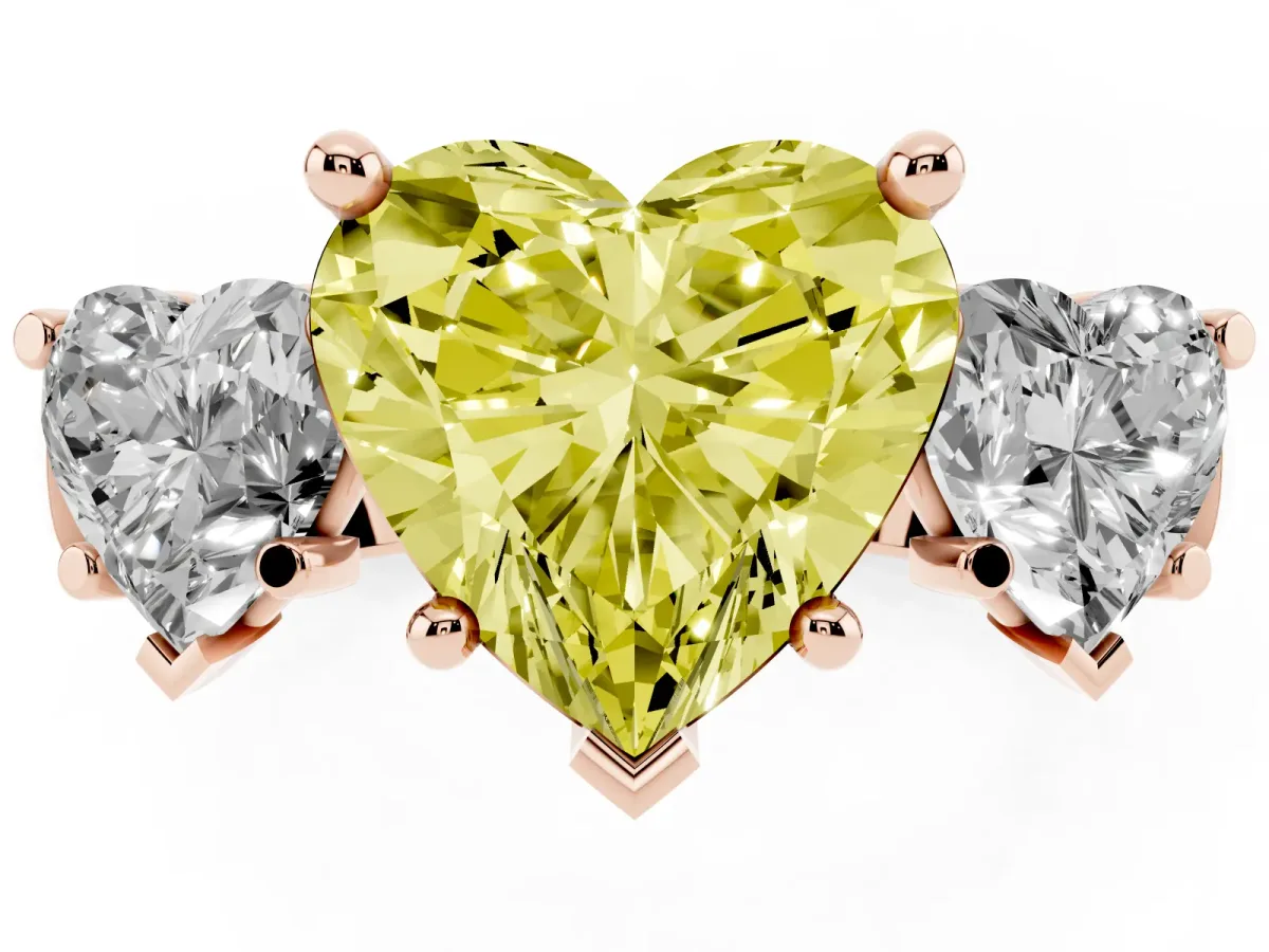 Fancy Yellow Three-Stone Heart Cut Brilliant Diamond Trellis Ring with Comfort Fit Band Rose gold