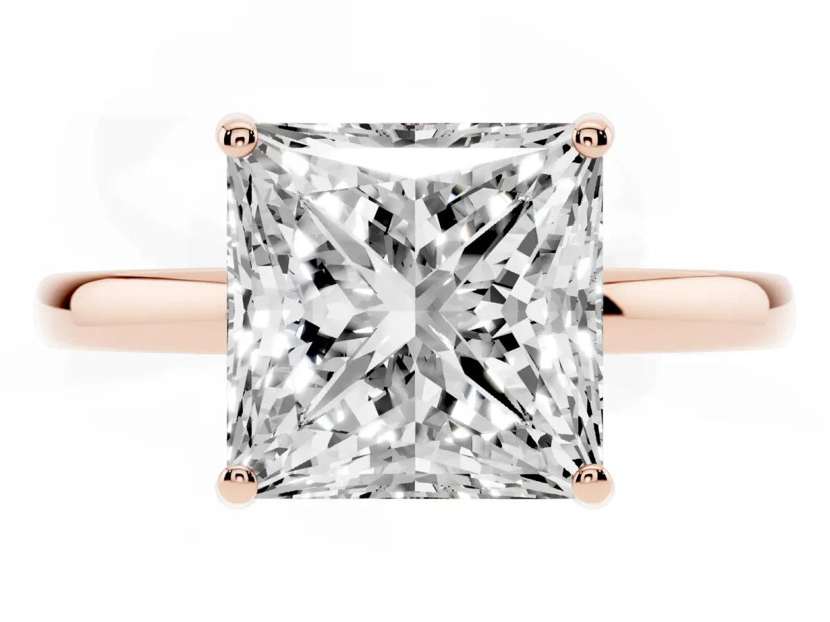 Princess Cut Solitaire Diamond Ring with Prong Setting and Plain Band Rose gold