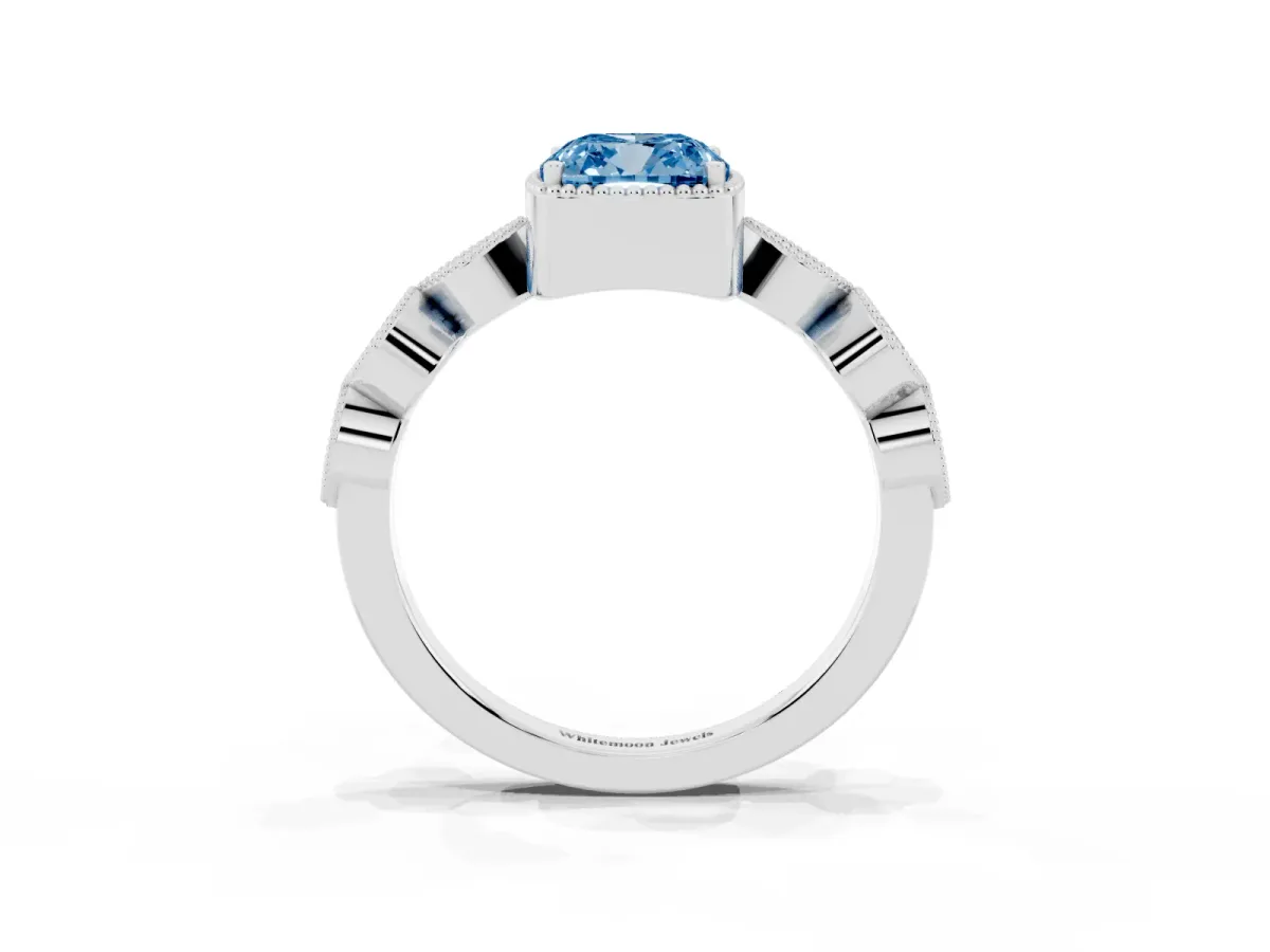 Fancy Blue Cushion Cut Diamond Vintage Milgrain Ring with Round Stations Platinum